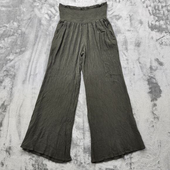 Mahina Pants Women M Green Crepe Rayon Pull On High Rise Smocked Waist Wide Leg - Picture 1 of 9